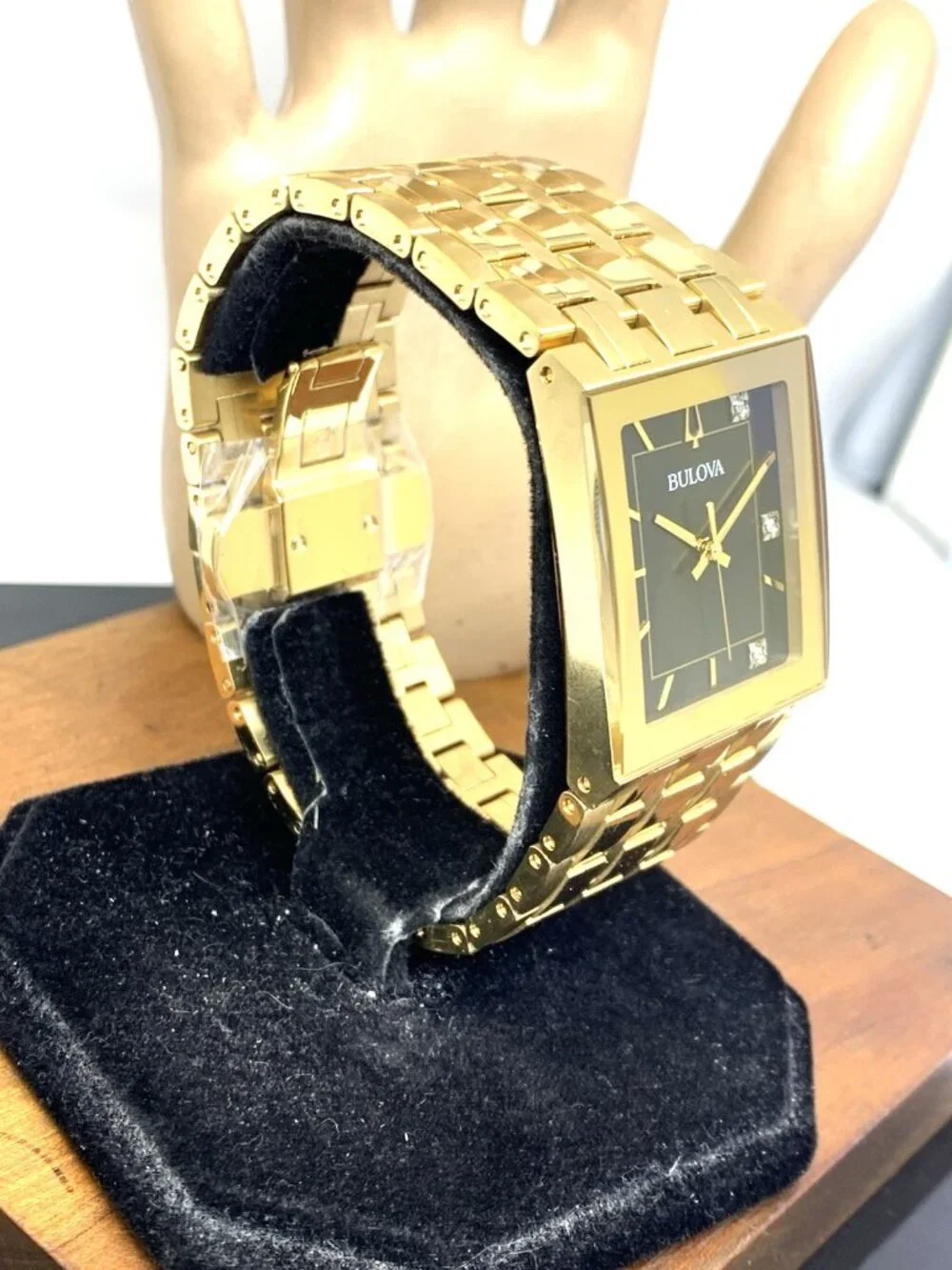 Bulova Men's Watch 97D132 Quadra Quartz Diamond Black Dial Gold Stainless Steel
